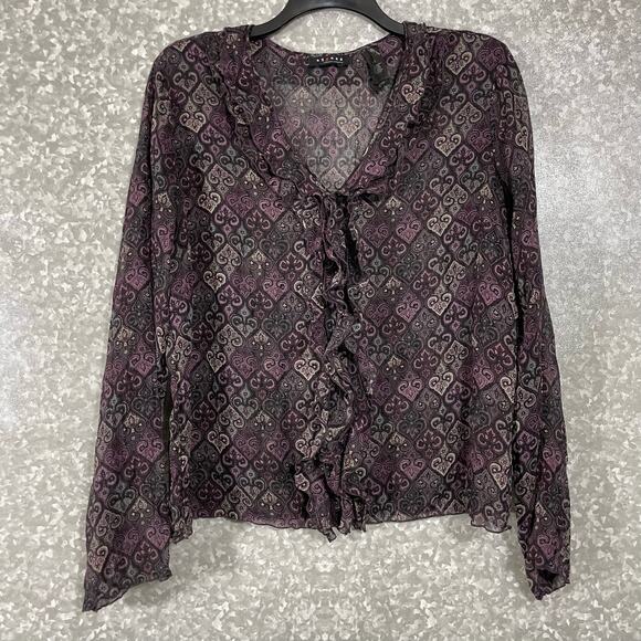 Axcess Purple Paisley Semi Sheer Ruffle Front Blouse - Size 12 - Long Sleeve Top - Picture 1 of 7